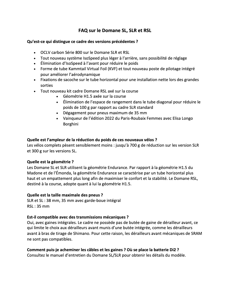 Page 1 de la notice FAQ Trek Domane SL