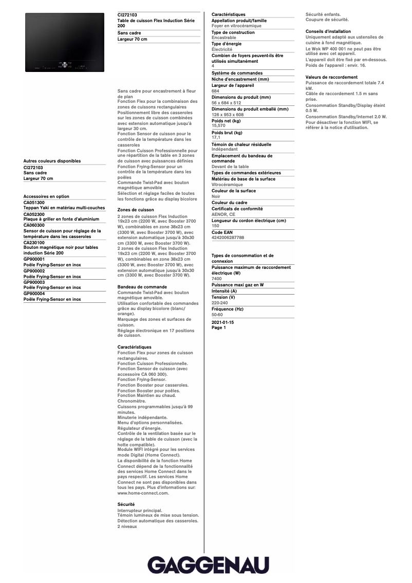 Página 1 del manual Ficha técnica Gaggenau CI272103
