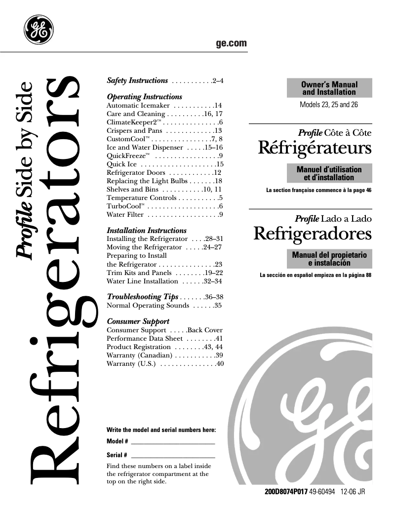 Page n°1 - Guide d'installation GE Profile PSF26NGWBB