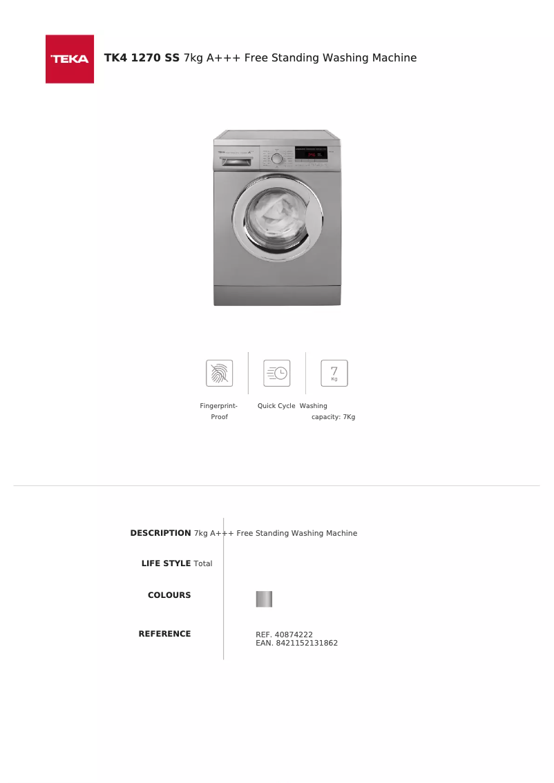 Page 1 de la notice Fiche technique Teka TK4 1270 SS