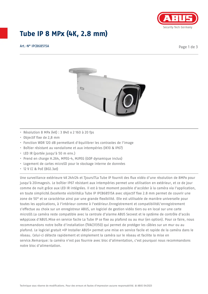 Página 1 del manual Ficha técnica Abus IPCB68515A
