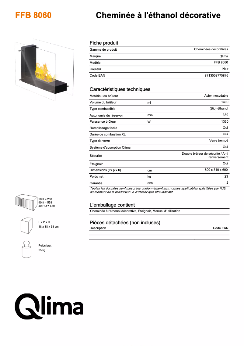 Page 1 of the manual Technical Sheet Qlima FFB 8060