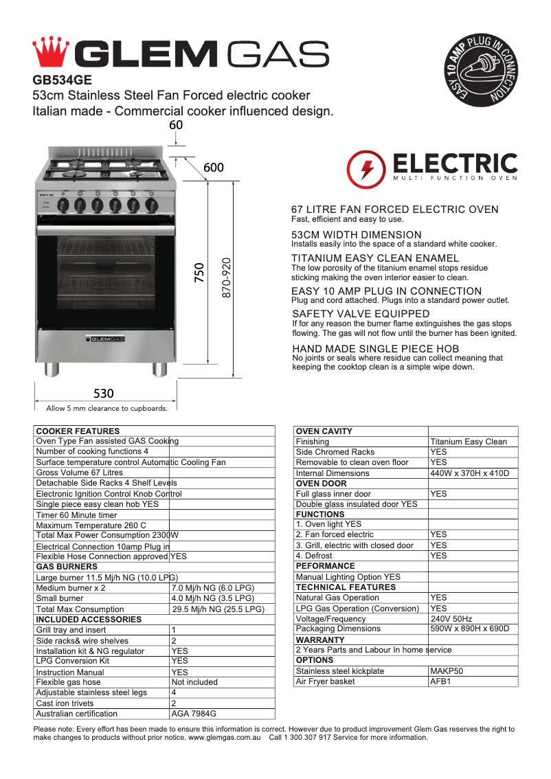 Page 1 de la notice Fiche technique Glem Gas GB534GE