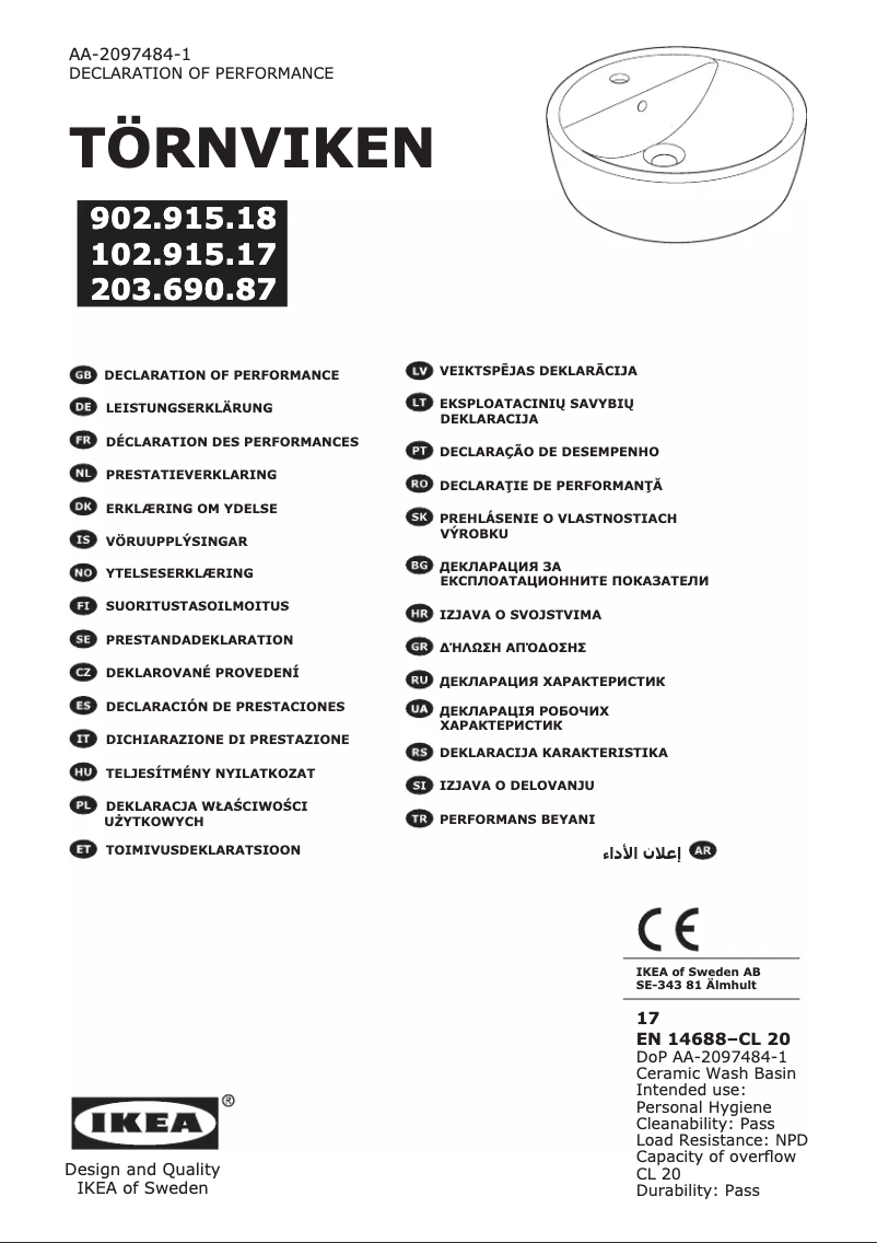 Page 1 de la notice Mode d'emploi Ikea TORNVIKEN