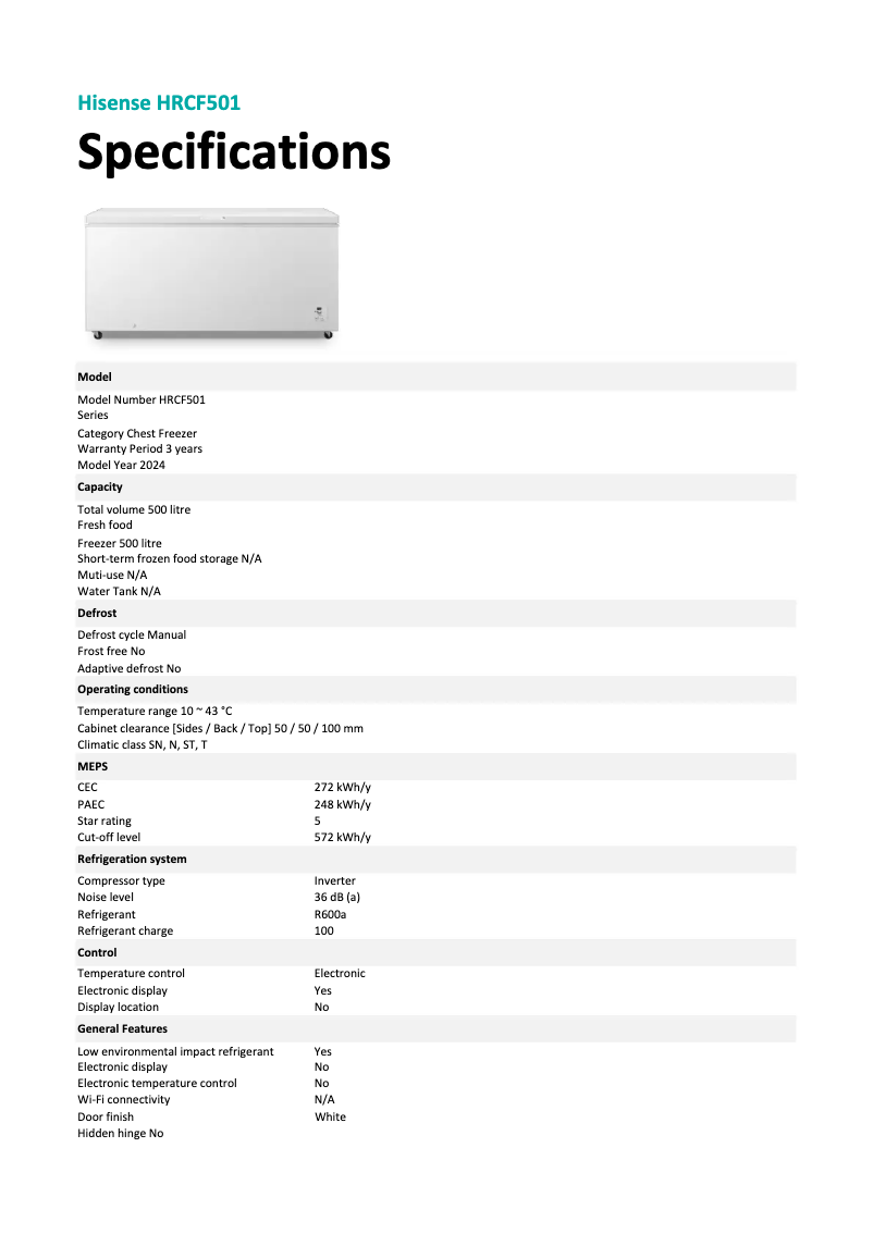 Page 1 de la notice Fiche technique Hisense HRCF501