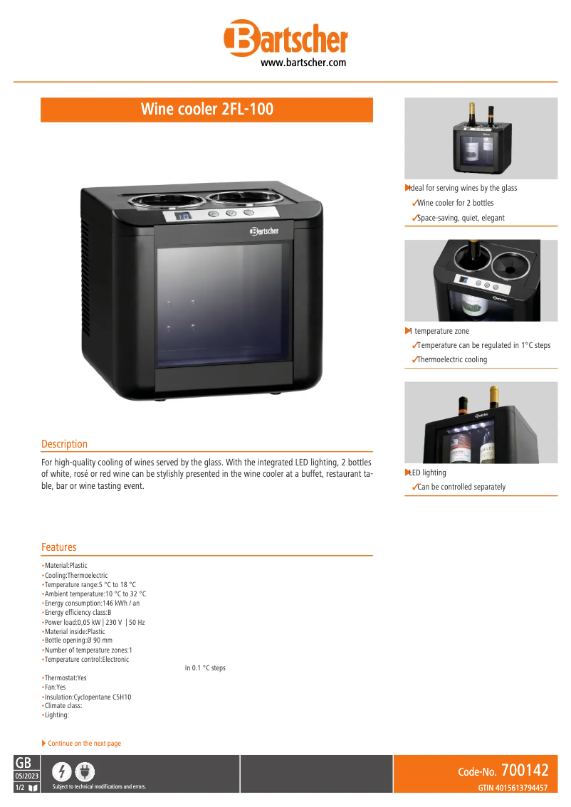 Page 1 of the manual Technical Sheet Bartscher 2FL-100