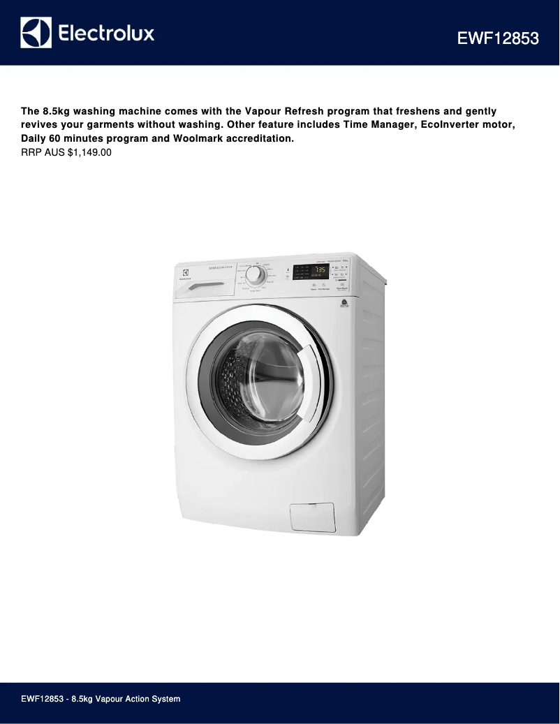 Page 1 de la notice Fiche technique Electrolux EWF12853