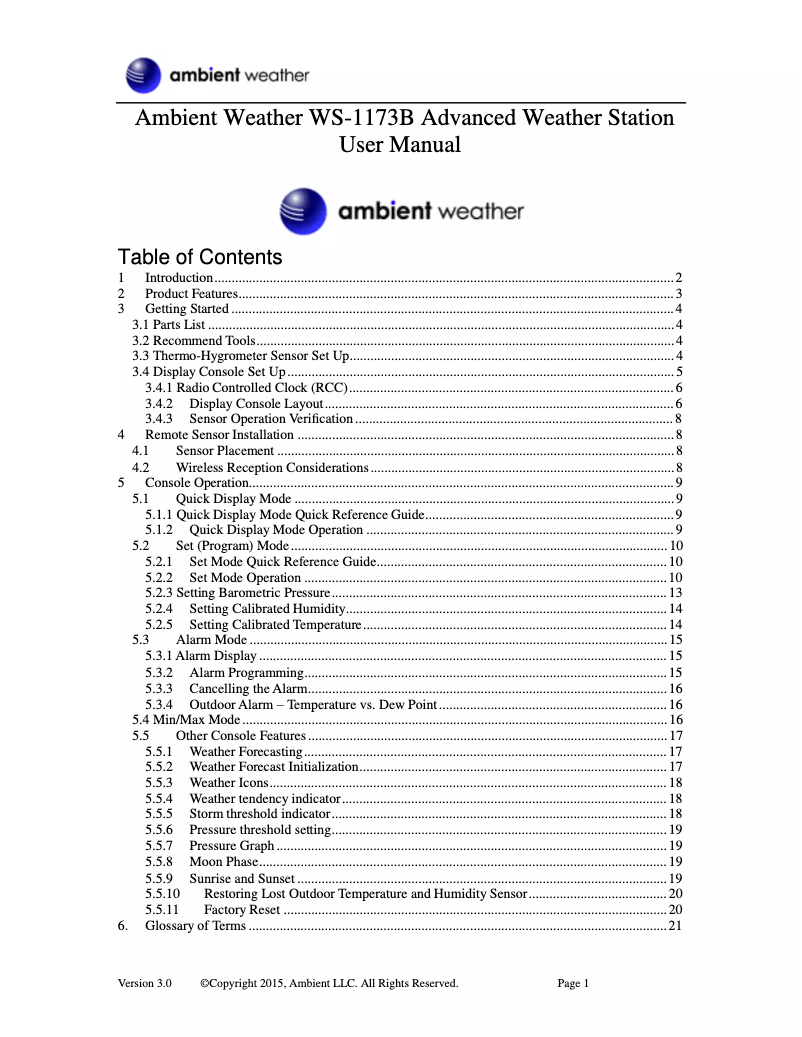 Page 1 de la notice Manuel utilisateur Ambient Weather WS-1173B