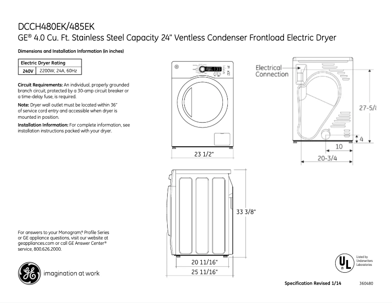 Página 1 del manual Ficha técnica GE DCCH480EKWW