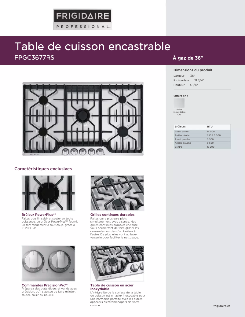 Página 1 del manual Ficha técnica Frigidaire FPGC3677RS