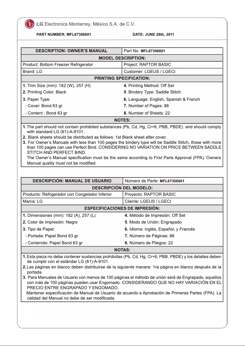 Page 1 de la notice Manuel utilisateur LG LFC25765SW