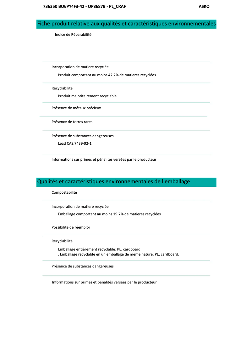 Page 1 de la notice Fiche technique Asko OP8687BB