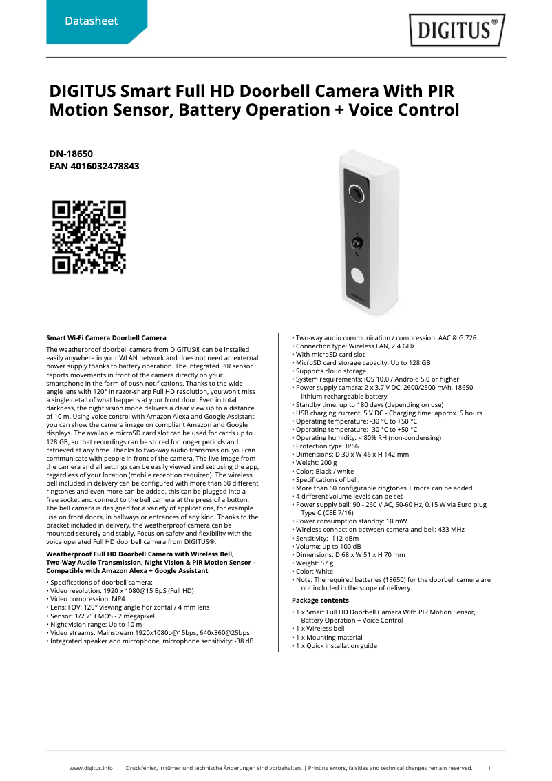 Page 1 de la notice Fiche technique Digitus DN-18650