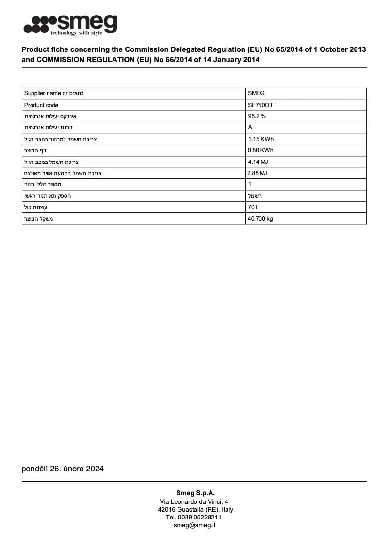 Page 1 de la notice Fiche technique Smeg SF750OT