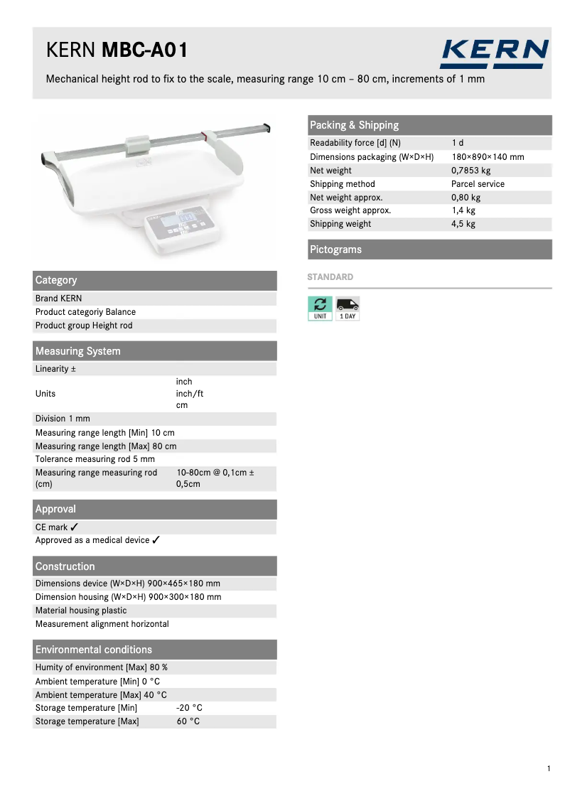 Page 1 de la notice Fiche technique Kern MBC-A01