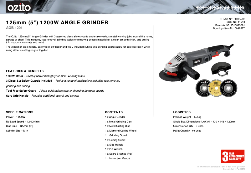 Page 1 de la notice Fiche technique Ozito AGB-1201