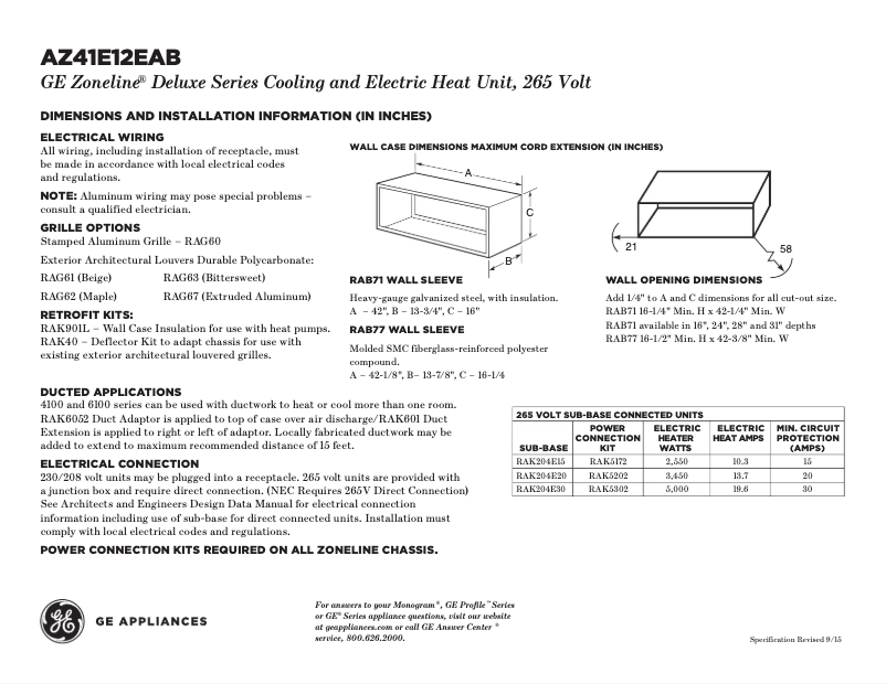 Página 1 del manual Ficha técnica GE AZ41E12EAB Zoneline