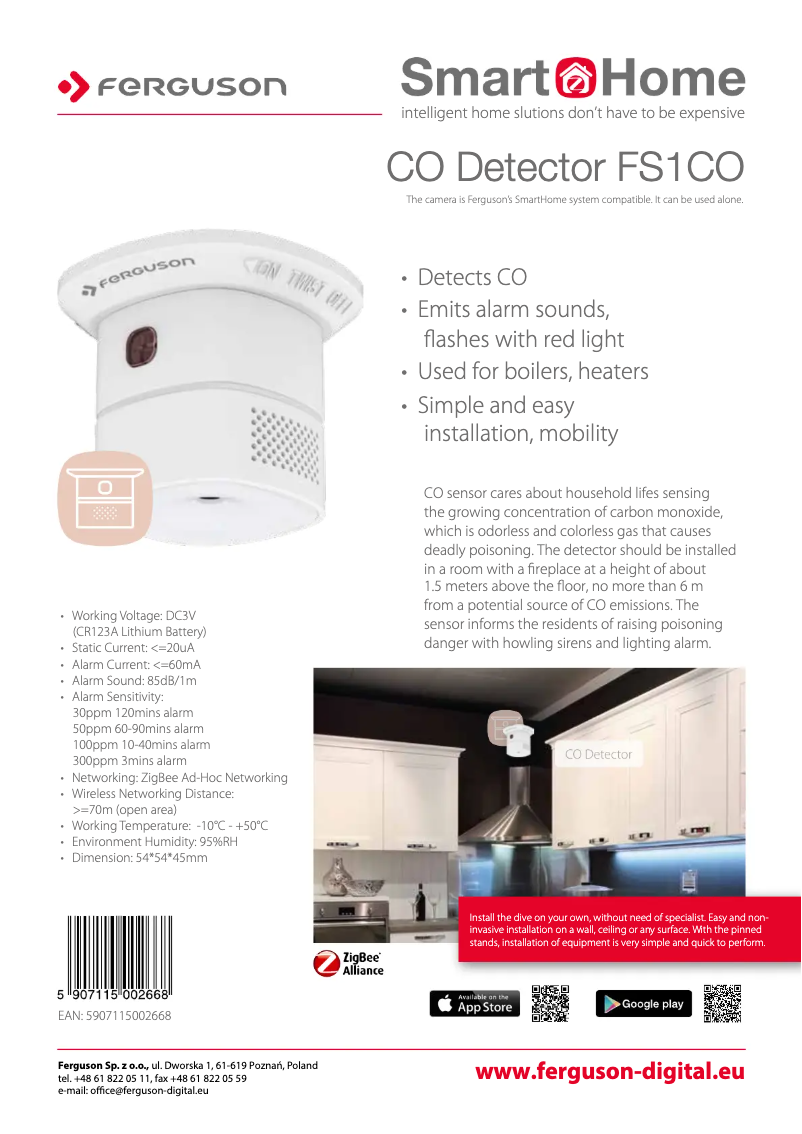 Page 1 de la notice Fiche technique Ferguson SmartHome CO Detector FS1CO