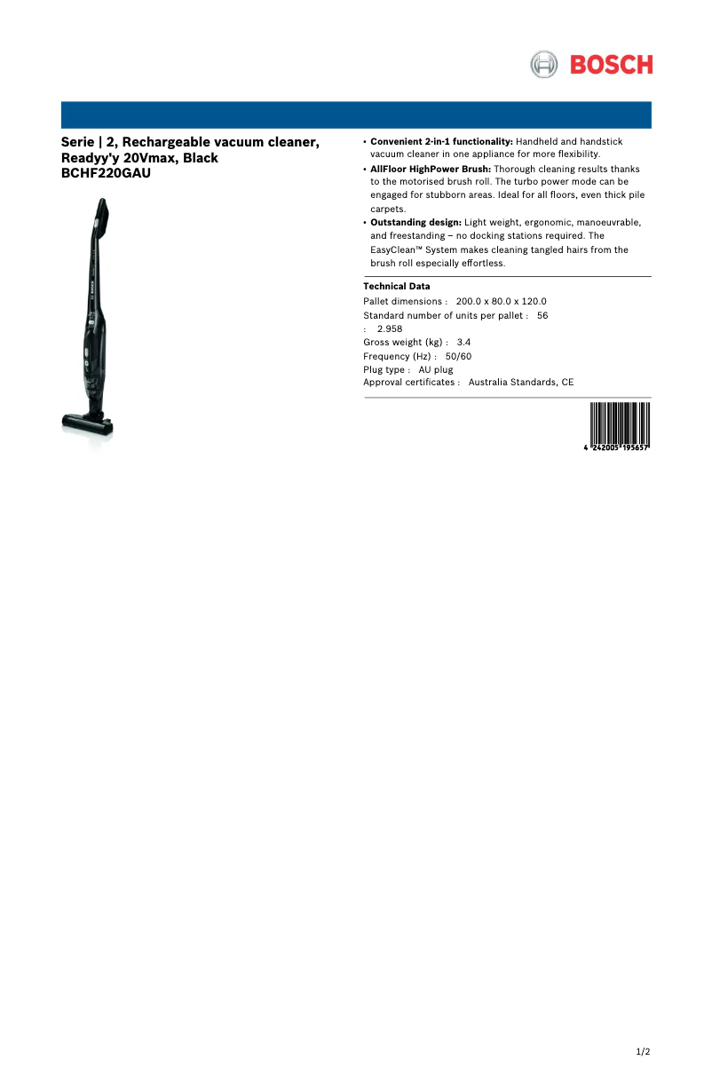 Page 1 of the manual Technical Sheet Bosch Readyy'y BCHF220GAU