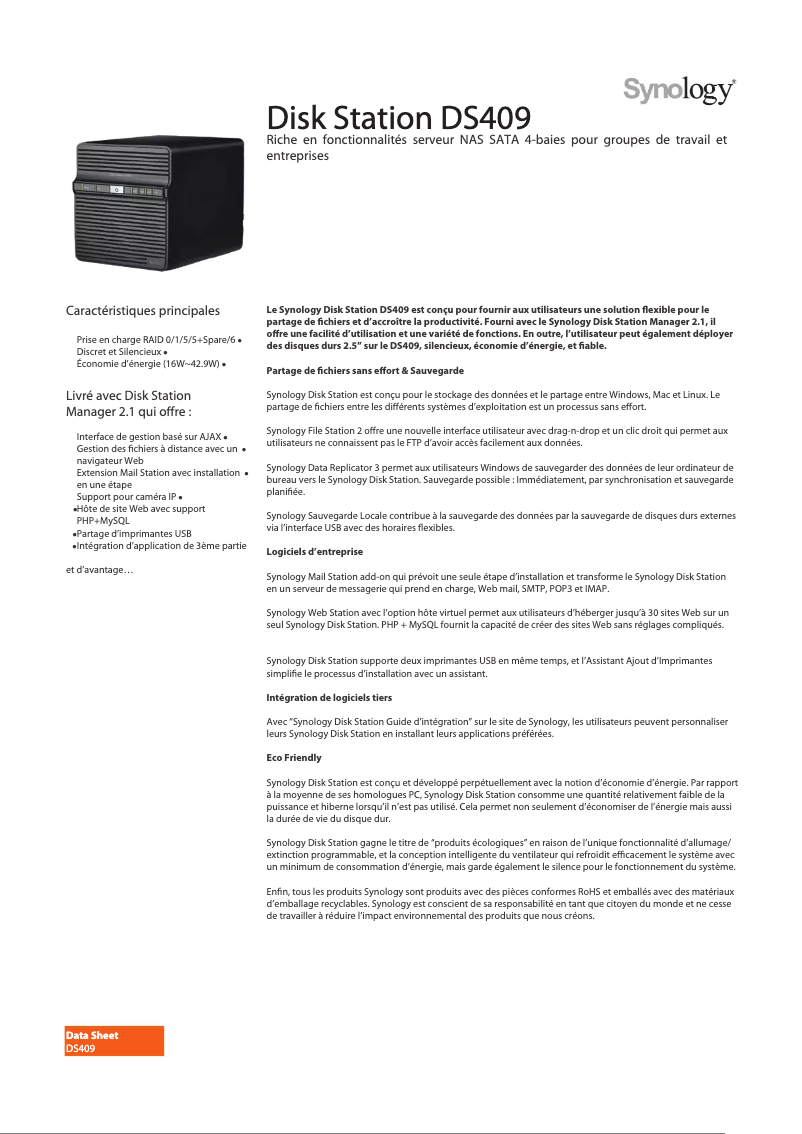 Page 1 de la notice Fiche technique Synology DiskStation DS409