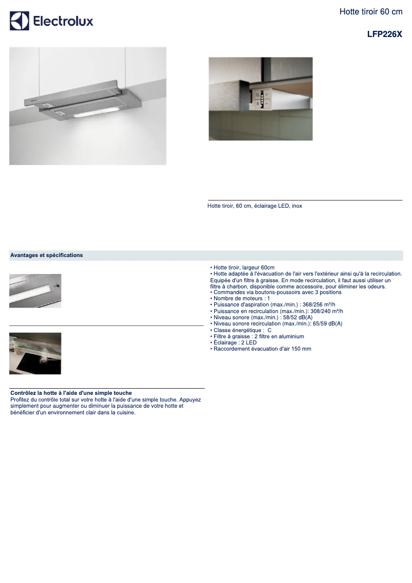 Page 1 de la notice Fiche technique Electrolux LFP226X