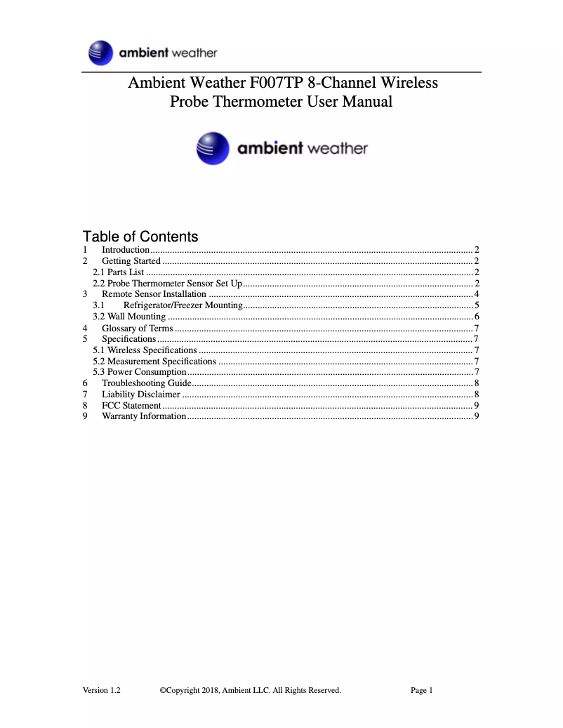 Page 1 de la notice Manuel utilisateur Ambient Weather F007TP