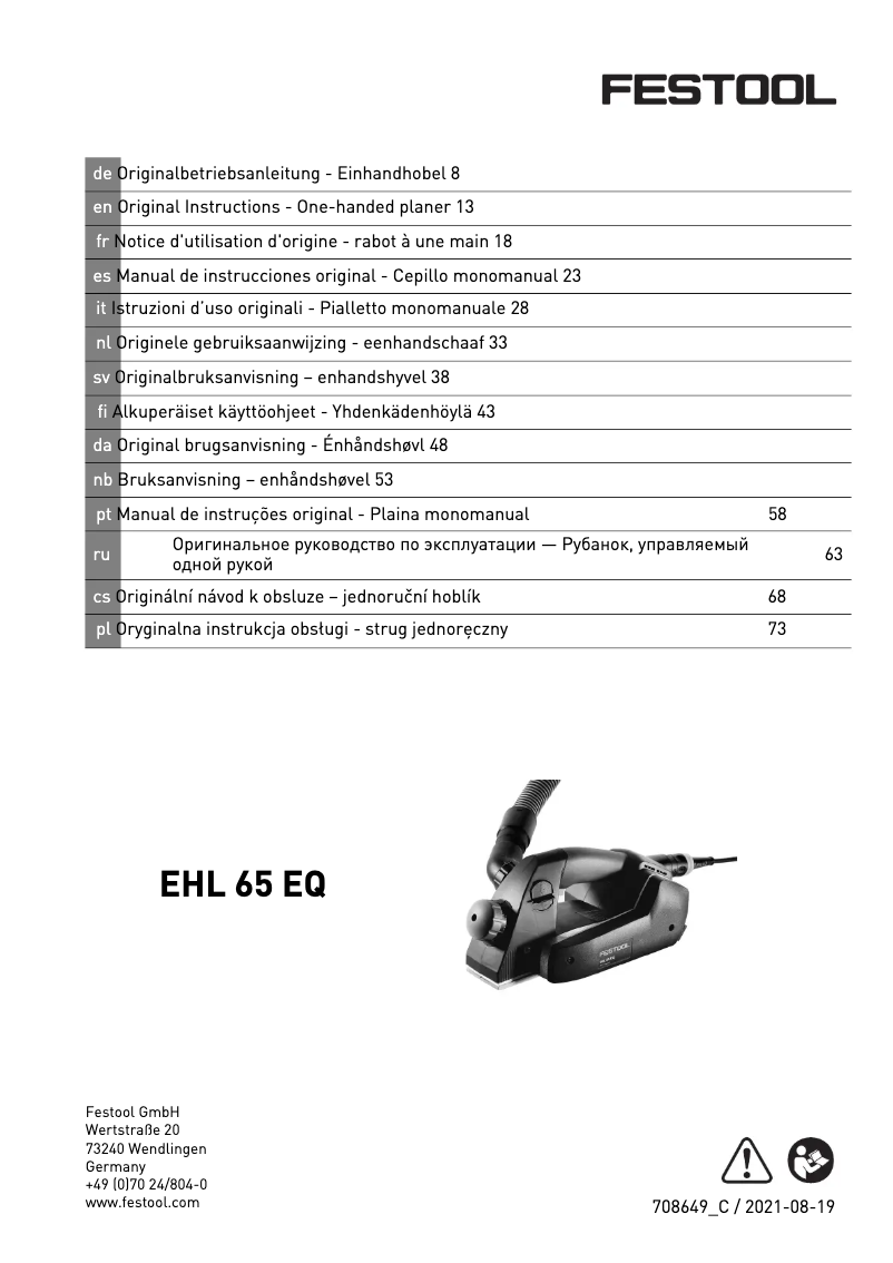 Page 1 de la notice Manuel utilisateur Festool EHL 65 EQ