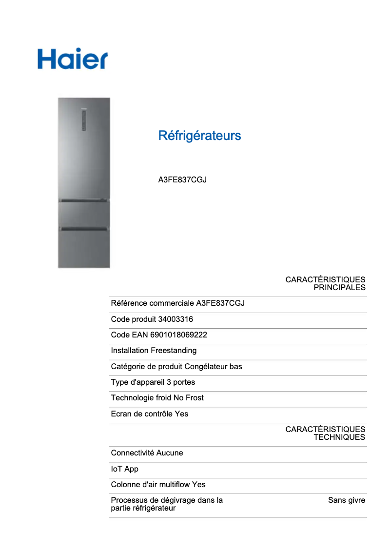 Página 1 del manual Ficha técnica Haier A3FE837CGJ