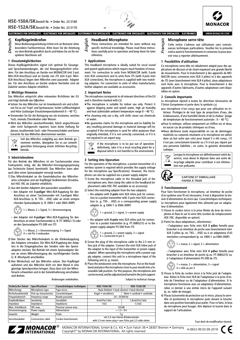 Page 1 de la notice Manuel utilisateur Monacor HSE-152A/SK