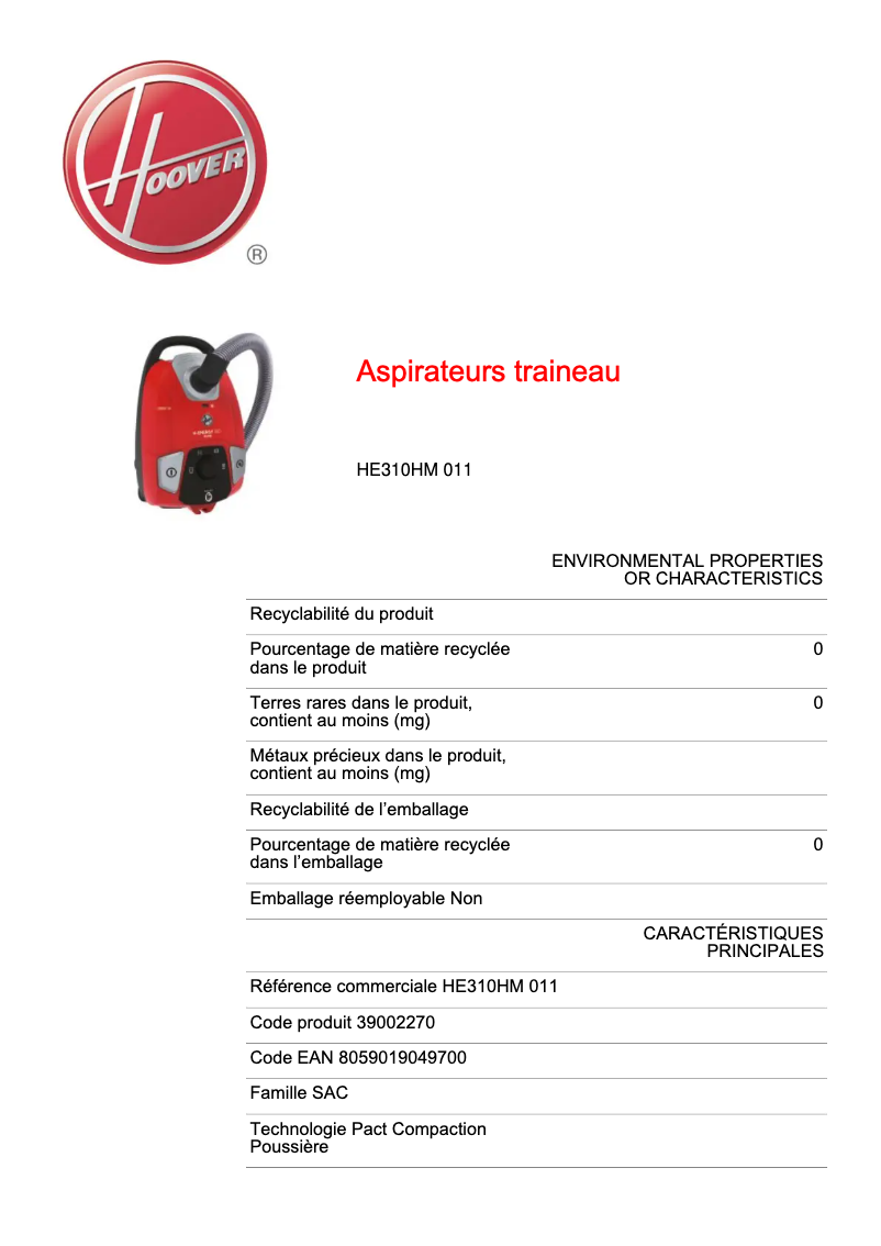 Page 1 de la notice Fiche technique Hoover H-Energy 300 HE310HM