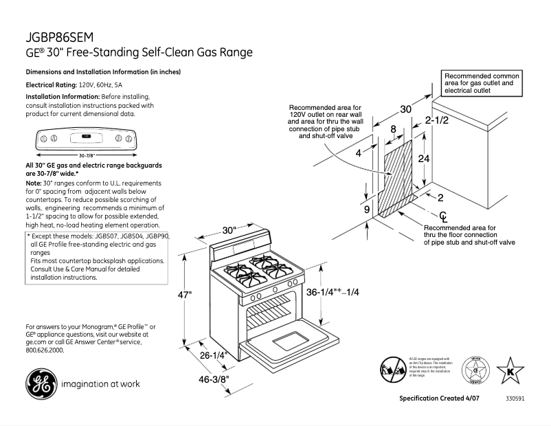 Page 1 de la notice Fiche technique GE JGBP86SEMSS
