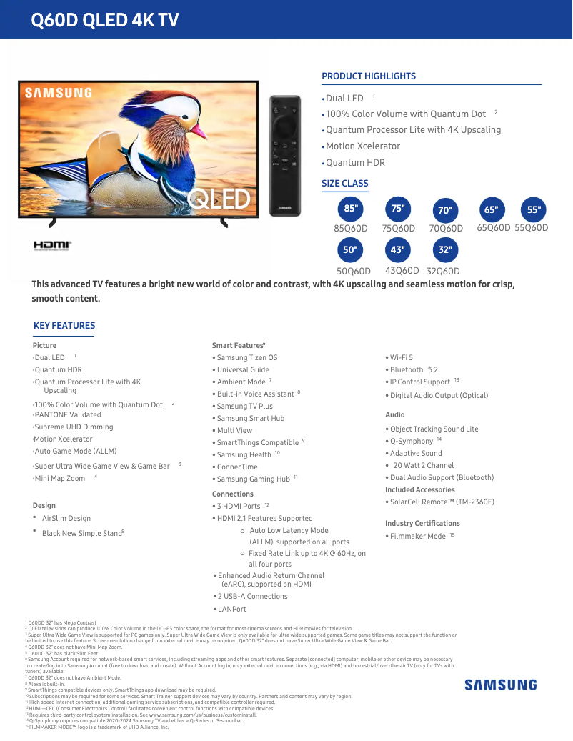 Página 1 del manual Ficha técnica Samsung QN55Q60DAF