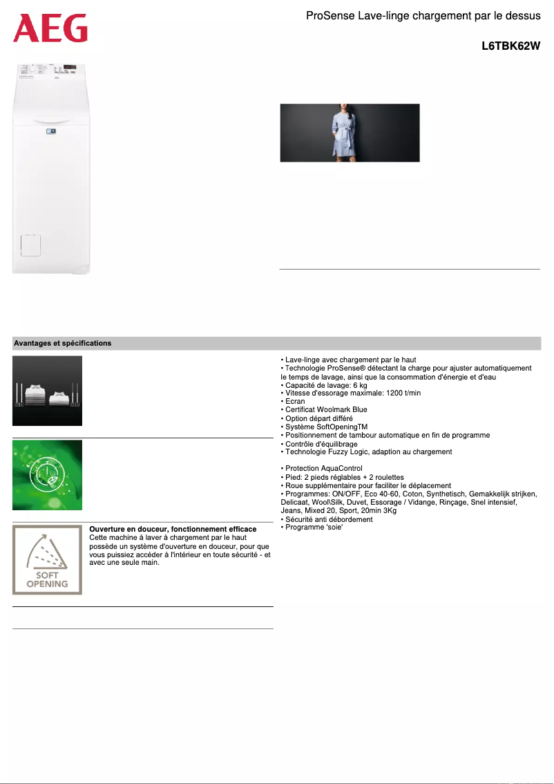 Página 1 del manual Ficha técnica AEG L6TBK62W