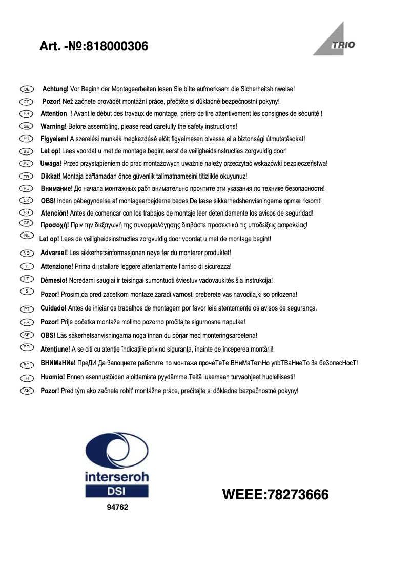 Page 1 de la notice Manuel utilisateur Trio Lighting Bowie 818000306