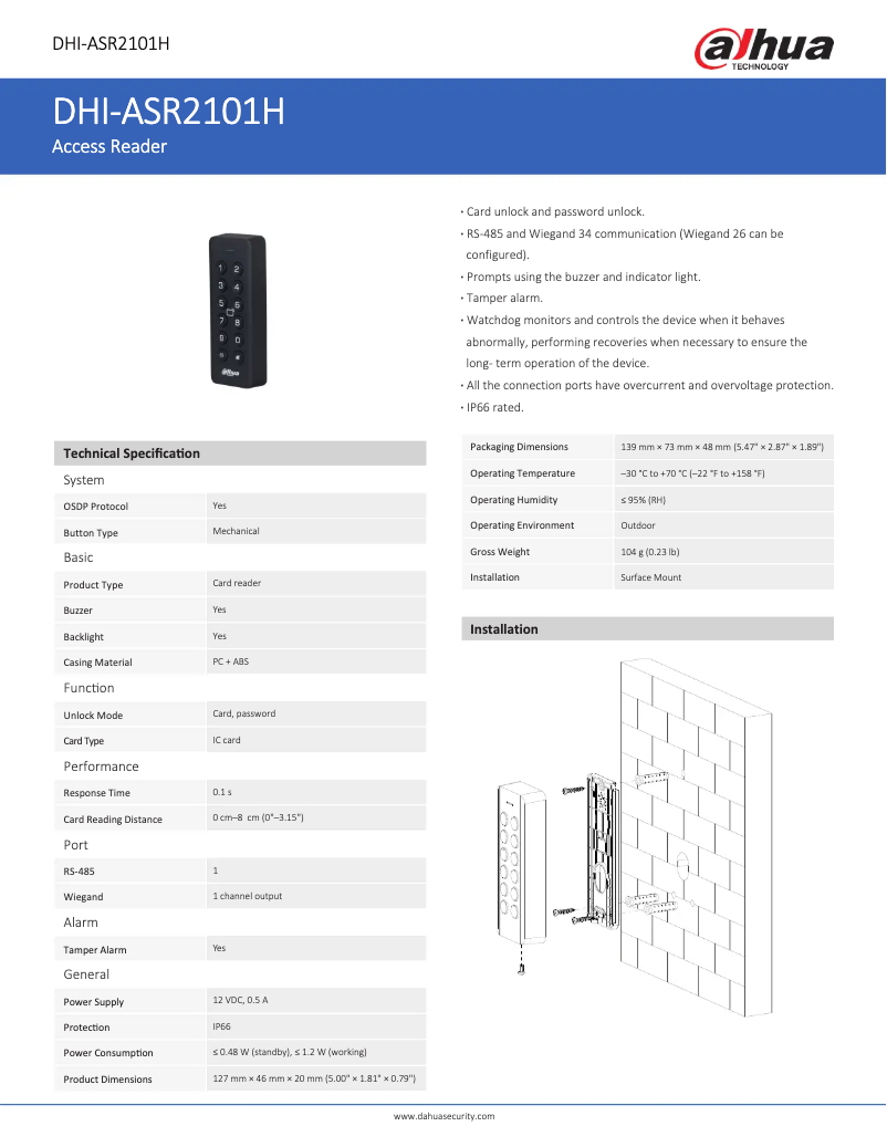 Page 1 de la notice Fiche technique Dahua Technology ASR2101H
