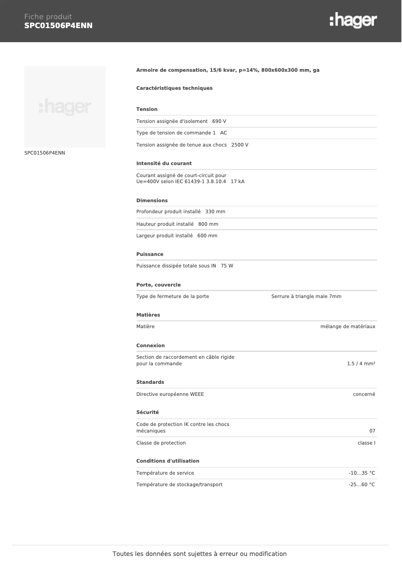 Página 1 del manual Ficha técnica Hager SPC01506P4ENN