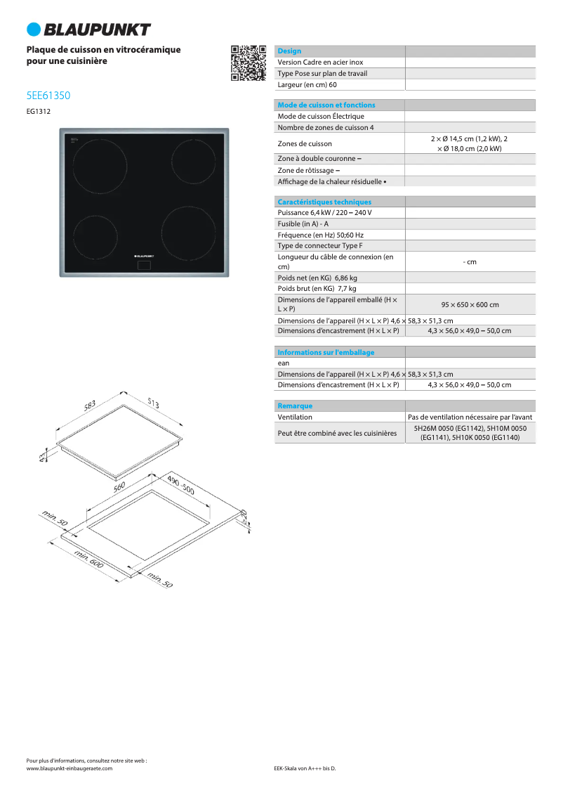 Page 1 de la notice Fiche technique Blaupunkt 5EE 61350