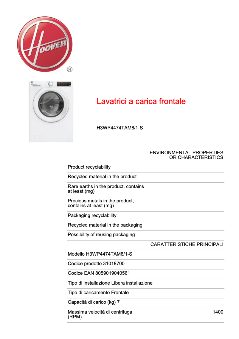 Página 1 del manual Ficha técnica Hoover H3WP4474TAM6/1-S