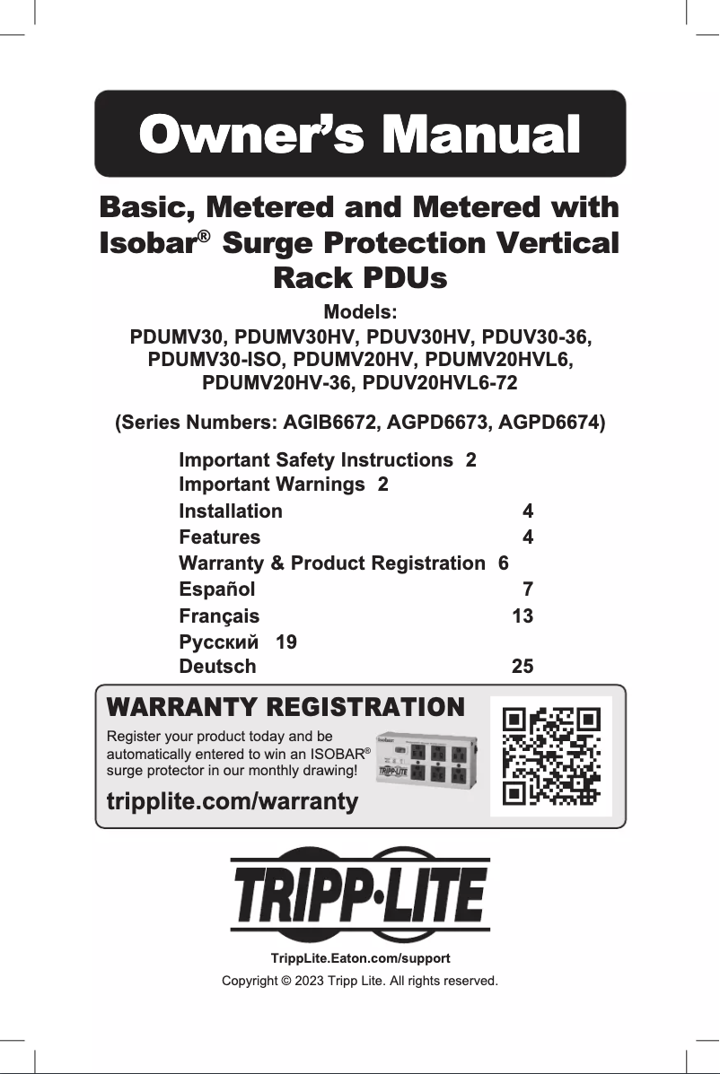 Page 1 de la notice Manuel utilisateur Tripp Lite PDUMV20HV