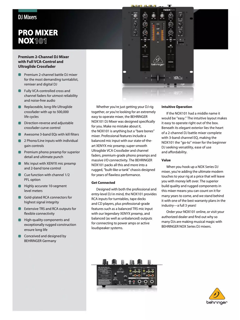 Page 1 de la notice Brochure Behringer NOX101