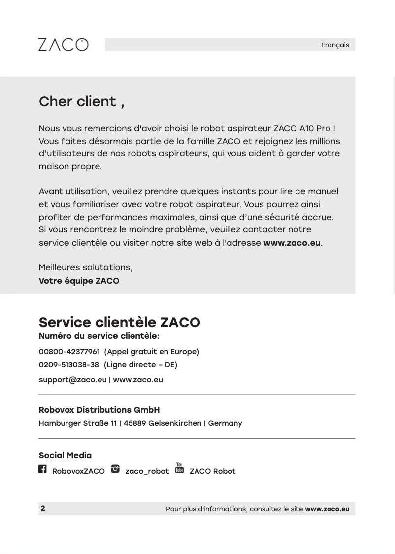 Page 1 de la notice Manuel utilisateur Zaco A10