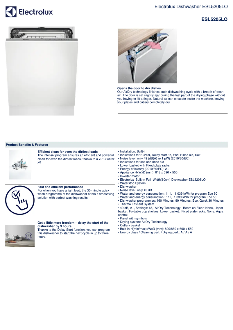 Página 1 del manual Ficha técnica Electrolux ESL5205LO