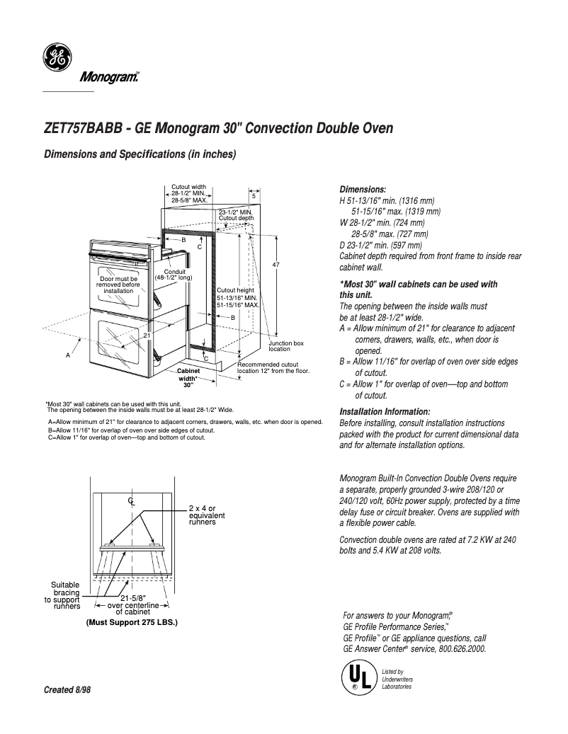 Page 1 of the manual Technical Sheet GE ZET757BABB