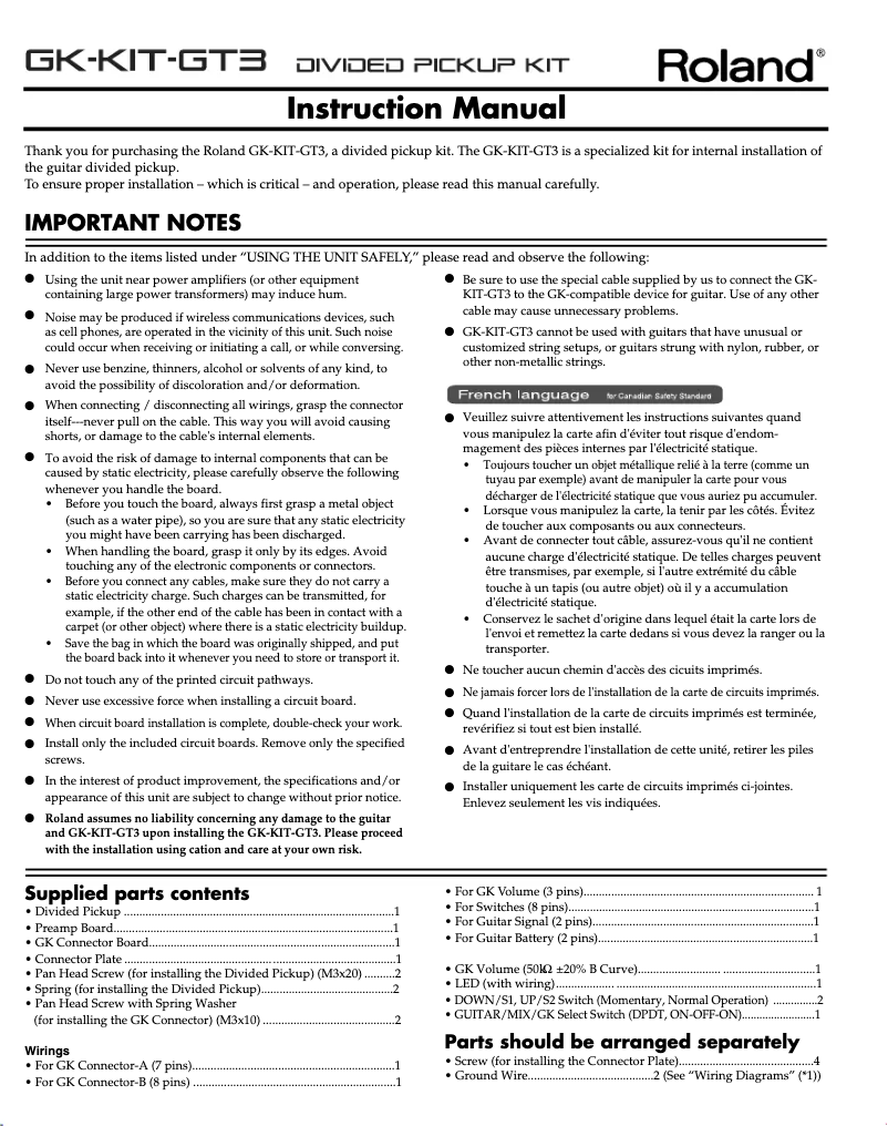 Page 1 de la notice Manuel utilisateur Roland GK-KIT-GT3