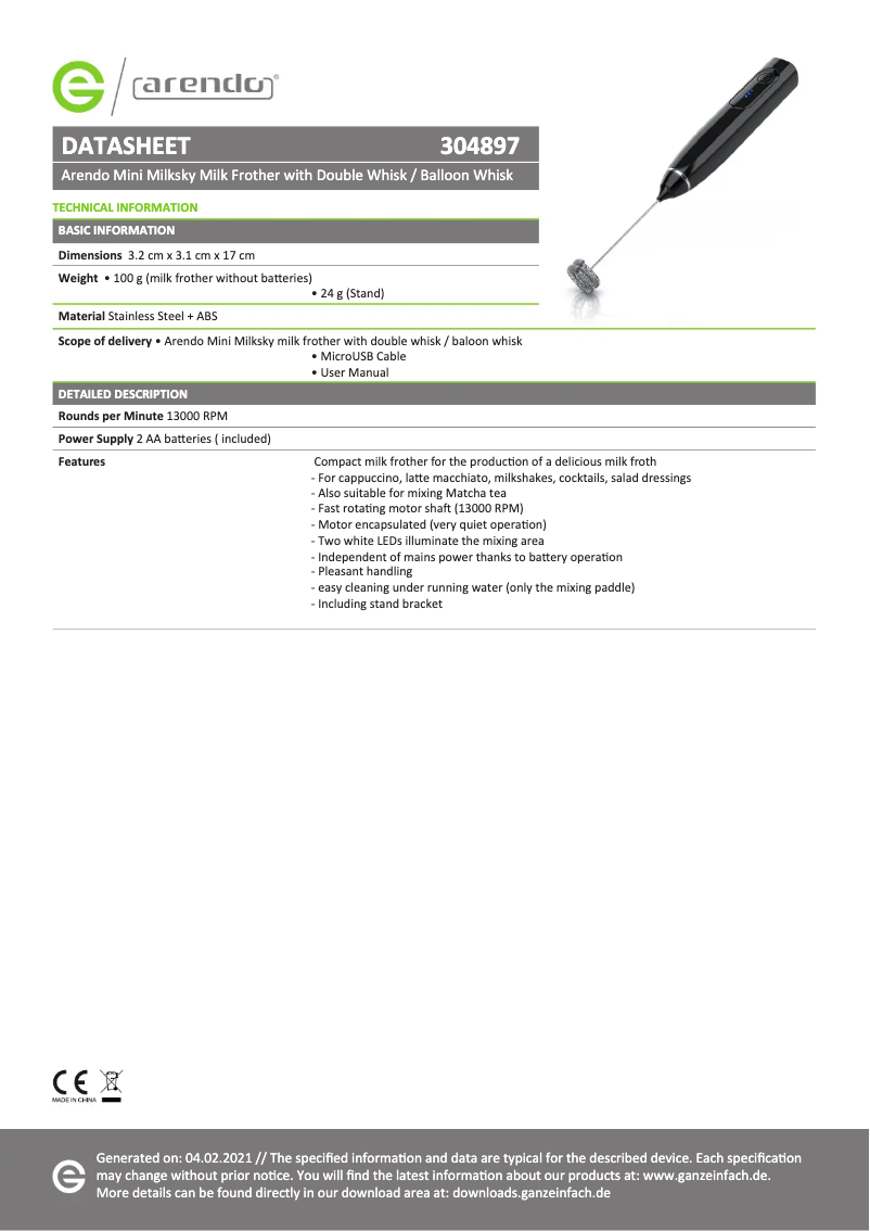 Page 1 de la notice Fiche technique Arendo Milkloud 304897