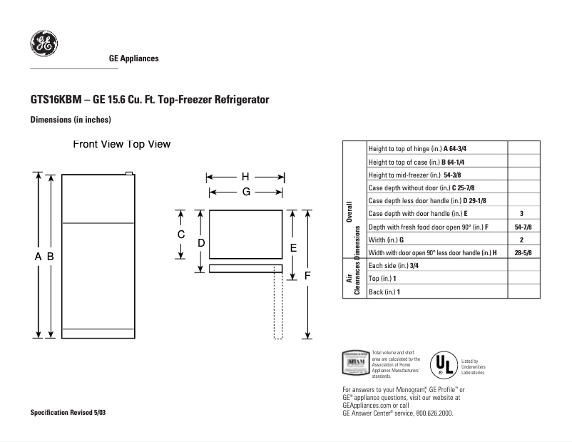 Página 1 del manual Ficha técnica GE GTS16KBMCC