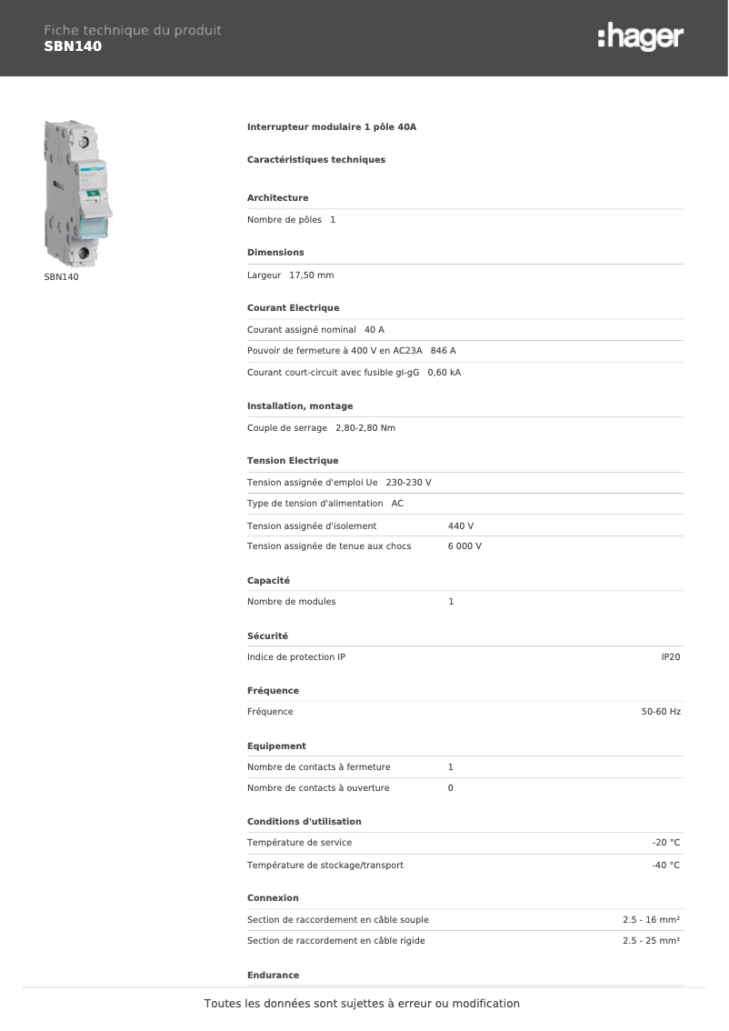 Page 1 de la notice Fiche technique Hager SBN140