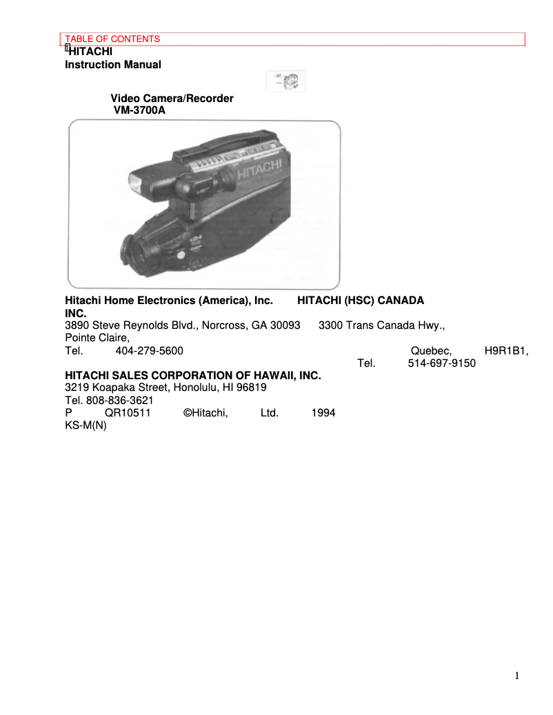Page 1 de la notice Manuel utilisateur Hitachi VM-3700A