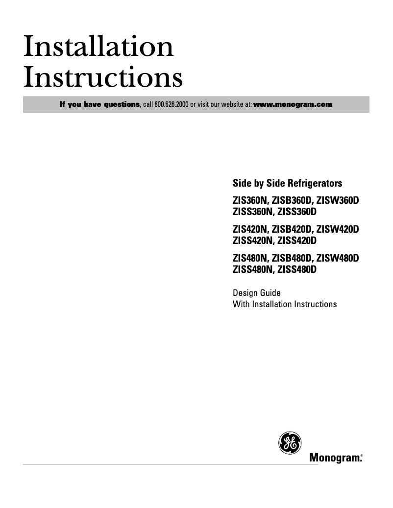 Page n°1 - Guide d'installation GE ZISS480NMSS