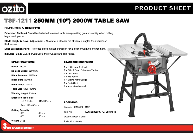 Page 1 de la notice Fiche technique Ozito TSF-1211